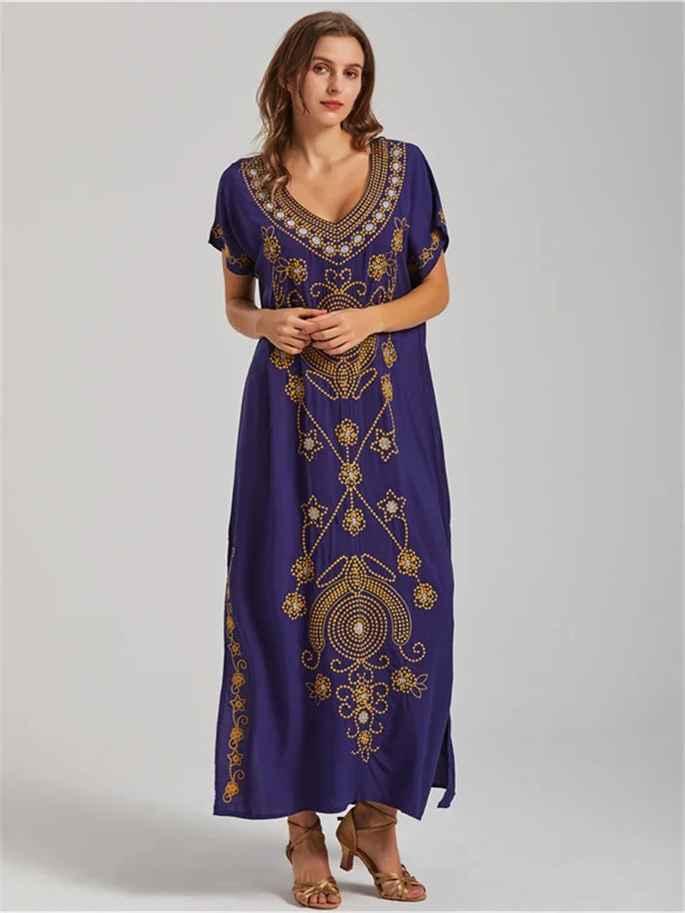 Embroidery Robe V-neck Batwing Sleeve Beach Maxi Dress Plus Size Loose Side Slit Summer Women Kaftans Dress Beachwear Q790