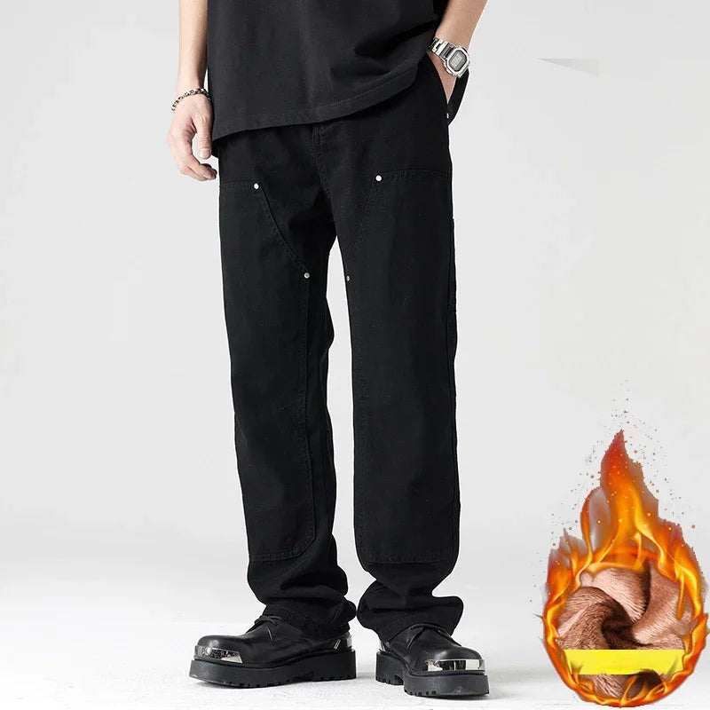 Men Pant Casual Straight Wide Leg Cargo Trouser Male Winter Fleece Lined Warm Cotton Loose Style Carpenter Streetwear