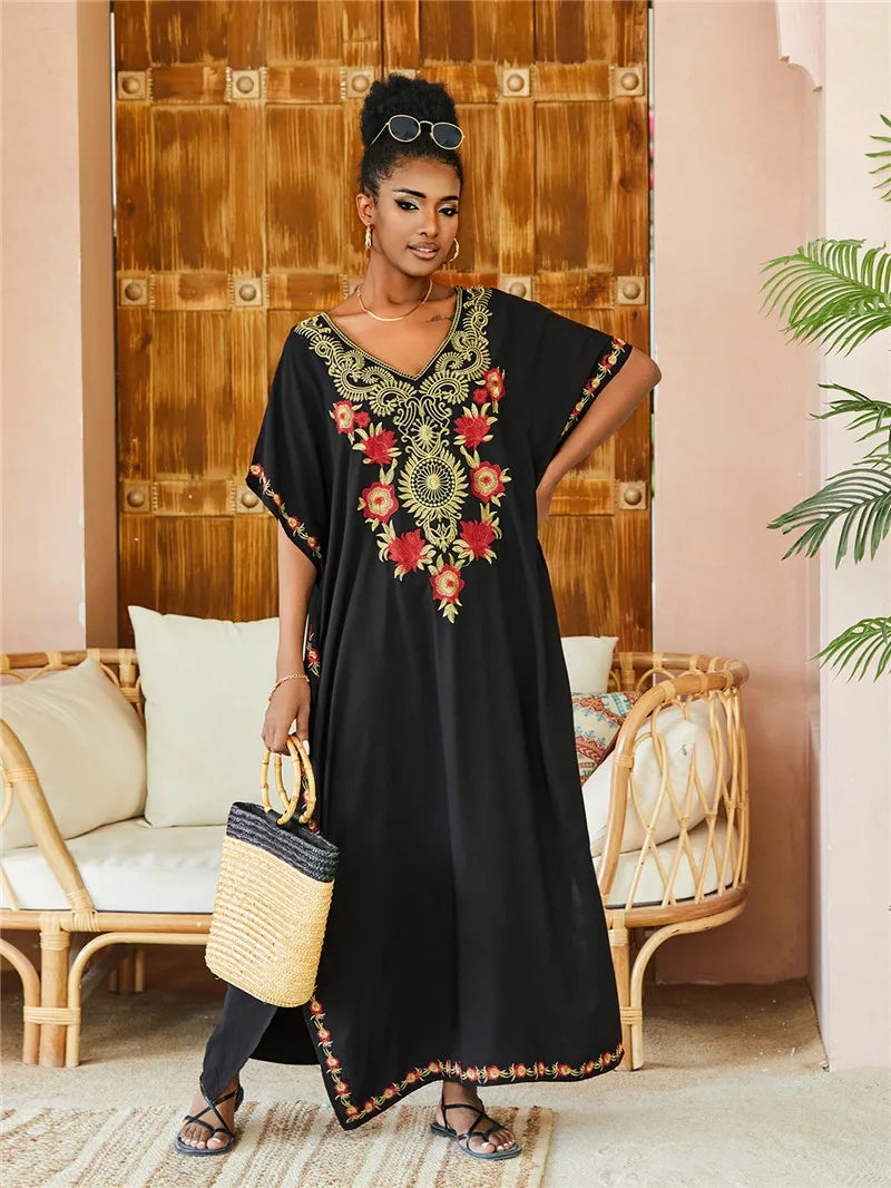 Women Plus Size Kaftan Dresses Loungewear Beach Embroidered Caftan Maxi Dress Floral Print Swimsuit Cover up Sundress