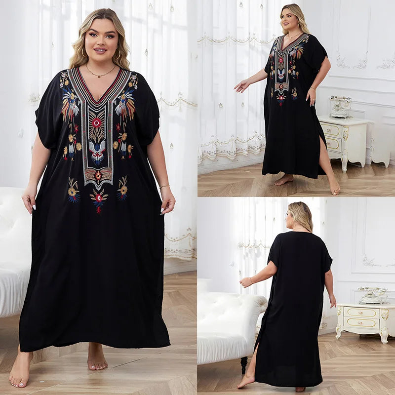 New Fashion European And American Cotton Embroidery Plus Size Long Dress Women's Beach Sun Protection Clothing Bikini Outerwear
