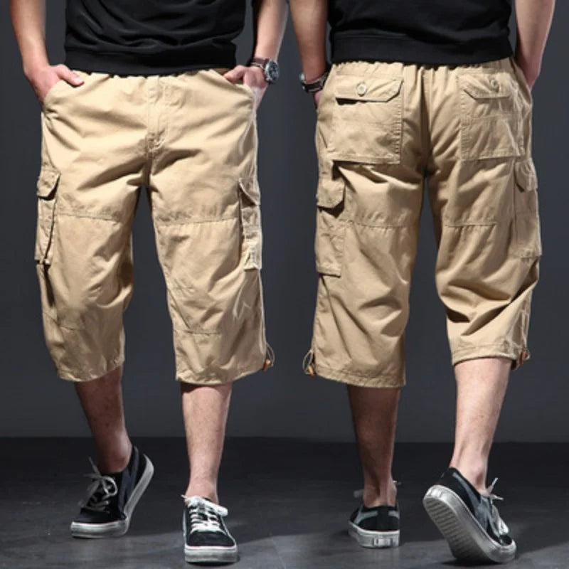 New  Summer thin cropped men's middle-aged pure cotton beach pants shorts plus loose mid length work pants outdoor
