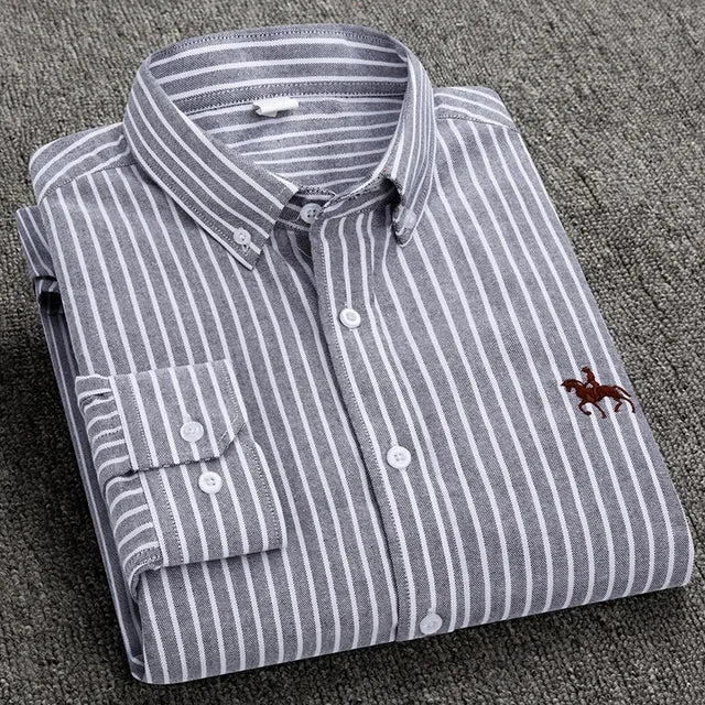 Casual Pure Cotton Oxford Mens Shirts Long Sleeve Embroidery Horse Design Regular Fit Fashion Button Man White Dress Shirt