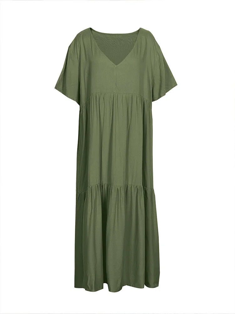 Plus Size Women's V Neck Pleated Solid Ankle Length Dress For Spring Summer