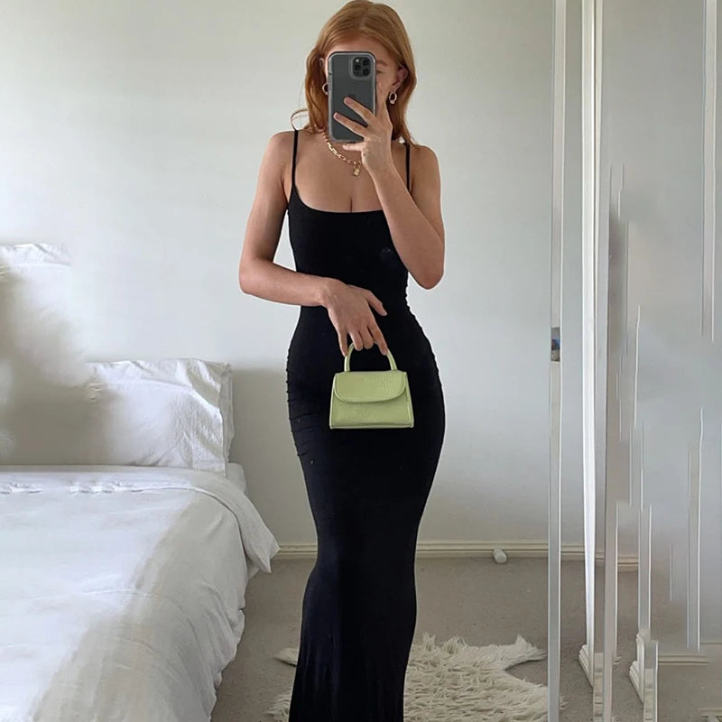 Elegant Black Bodycon Maxi Dress Women Sleeveless Backless Summer 2024 Party