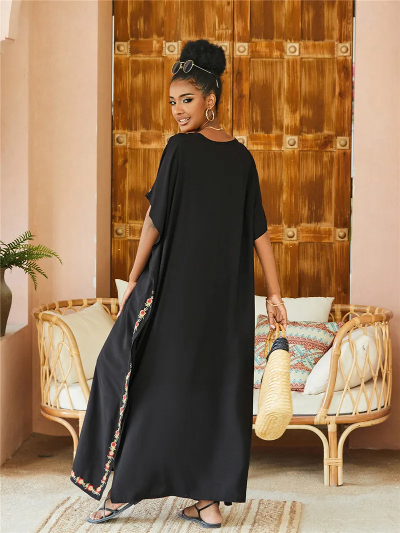 Women Plus Size Kaftan Dresses Loungewear Beach Embroidered Caftan Maxi Dress Floral Print Swimsuit Cover up Sundress