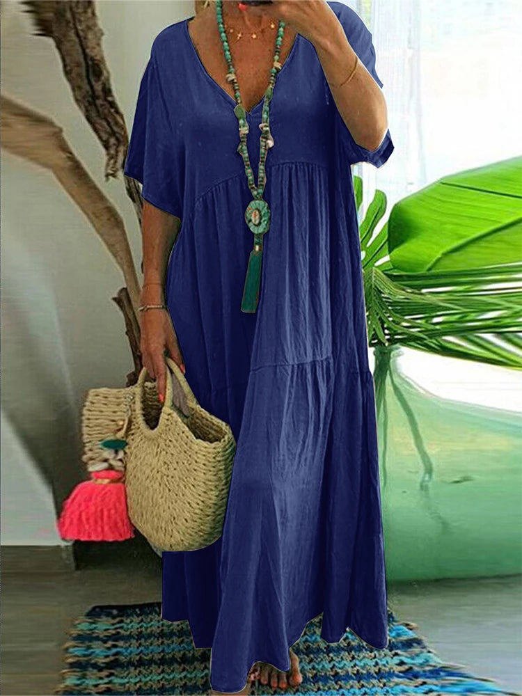Plus Size Women's V Neck Pleated Solid Ankle Length Dress For Spring Summer