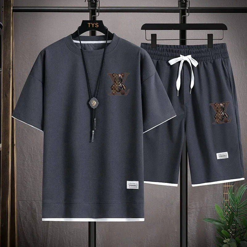 Summer new men's short-sleeved set, a fashionable outdoor casual men's short-sleeved T-shirt and sports shorts 2-piece set