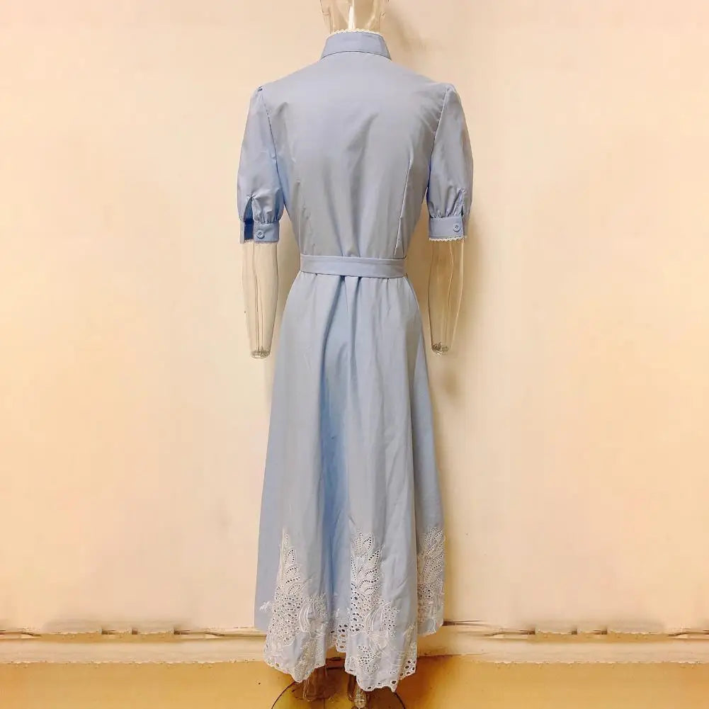 Lace-up Women Shirt Dress 2024 Summer Elegant Single Breasted Puff Sleeve Maxi Dress Vestidos Bohemian Sundress Party Robe