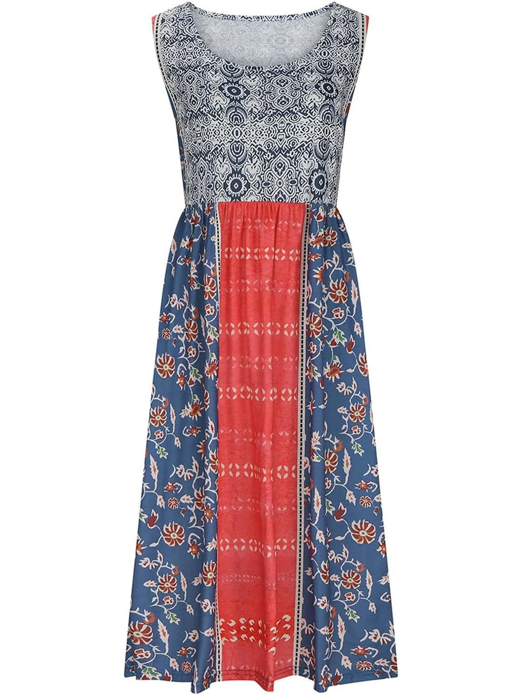 Women's Bohemian Floral Sleeveless Midi Sundress With Pockets Summer Beach