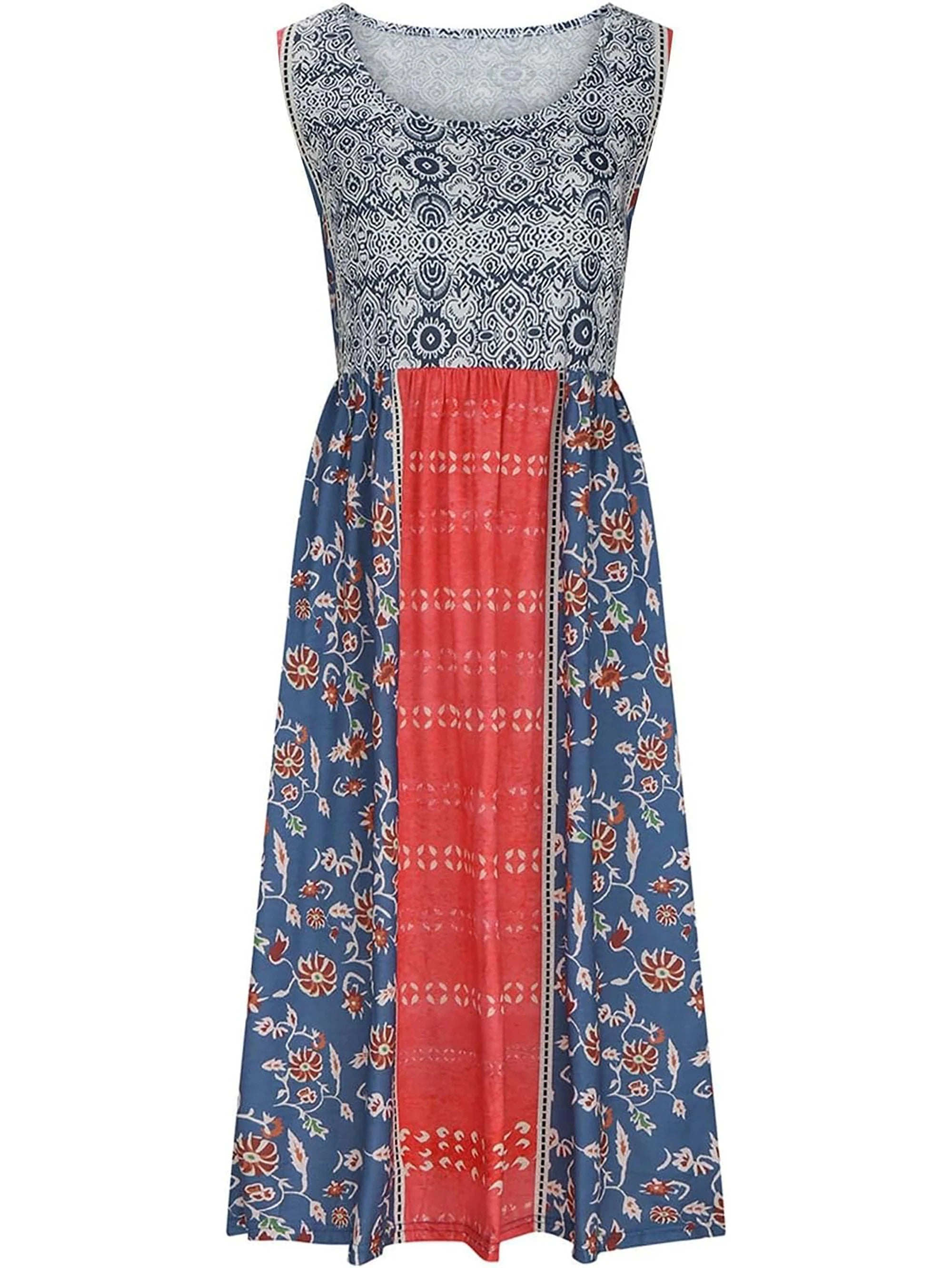 Women's Bohemian Floral Sleeveless Midi Sundress With Pockets Summer Beach