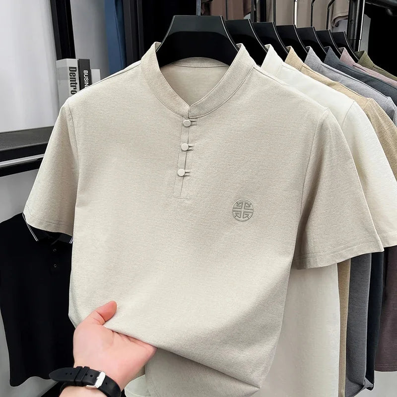 Men's Mandarin Collar Short Sleeve T-Shirt Casual Chinese Style Button Henley Shirt