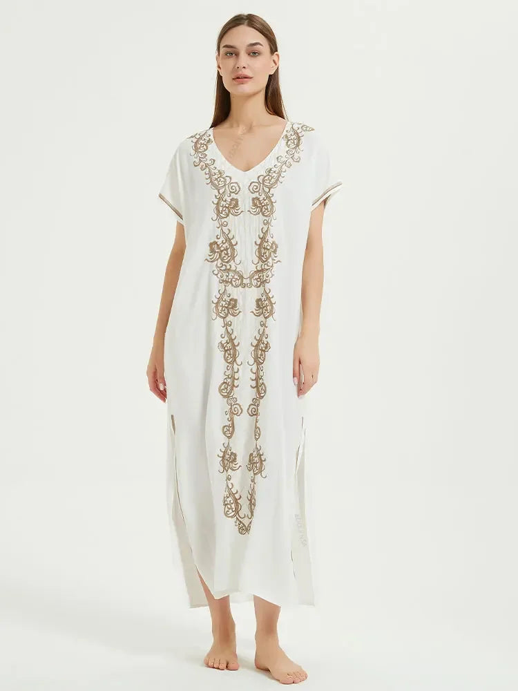 Embroidery Robe V-neck Batwing Sleeve Beach Maxi Dress Plus Size Loose Side Slit Summer Women Kaftans Dress Beachwear Q790