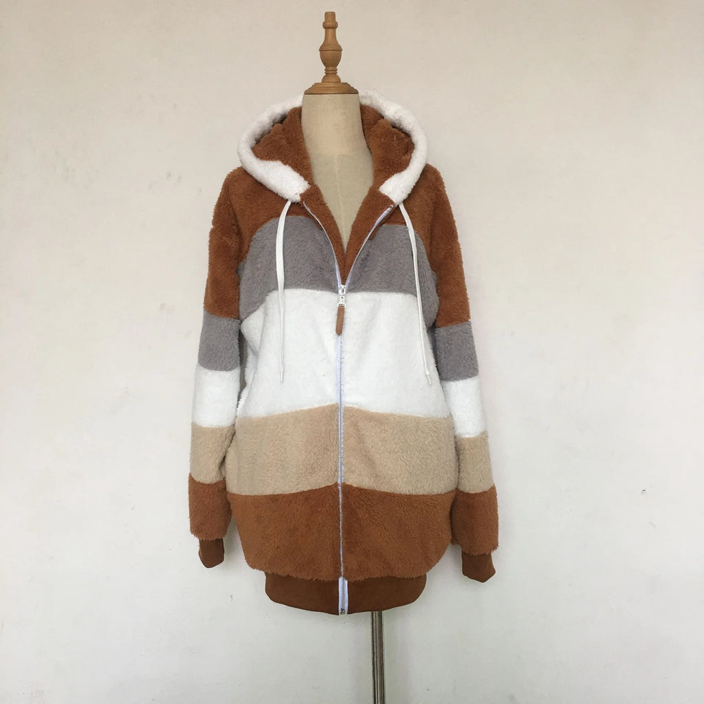 Women Oversized Plush Hoodie Coat Winter Outerwear Jacket With Pockets