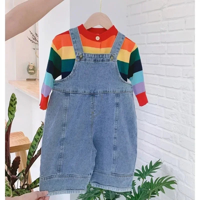 2025 Autumn New Children Loose Overalls boys girls casual all-match denim Trousers Spring Fall Solid Outwear 1-7Y Kids bib pants