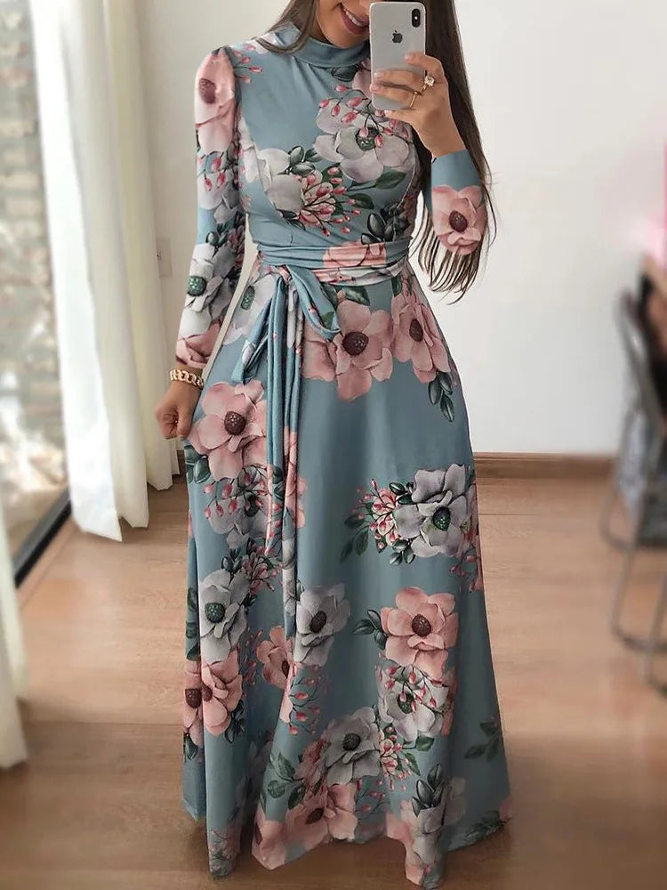 Womens Slim Casual Long Sleeve Round Neck Flower Print Strap Maxi Dress