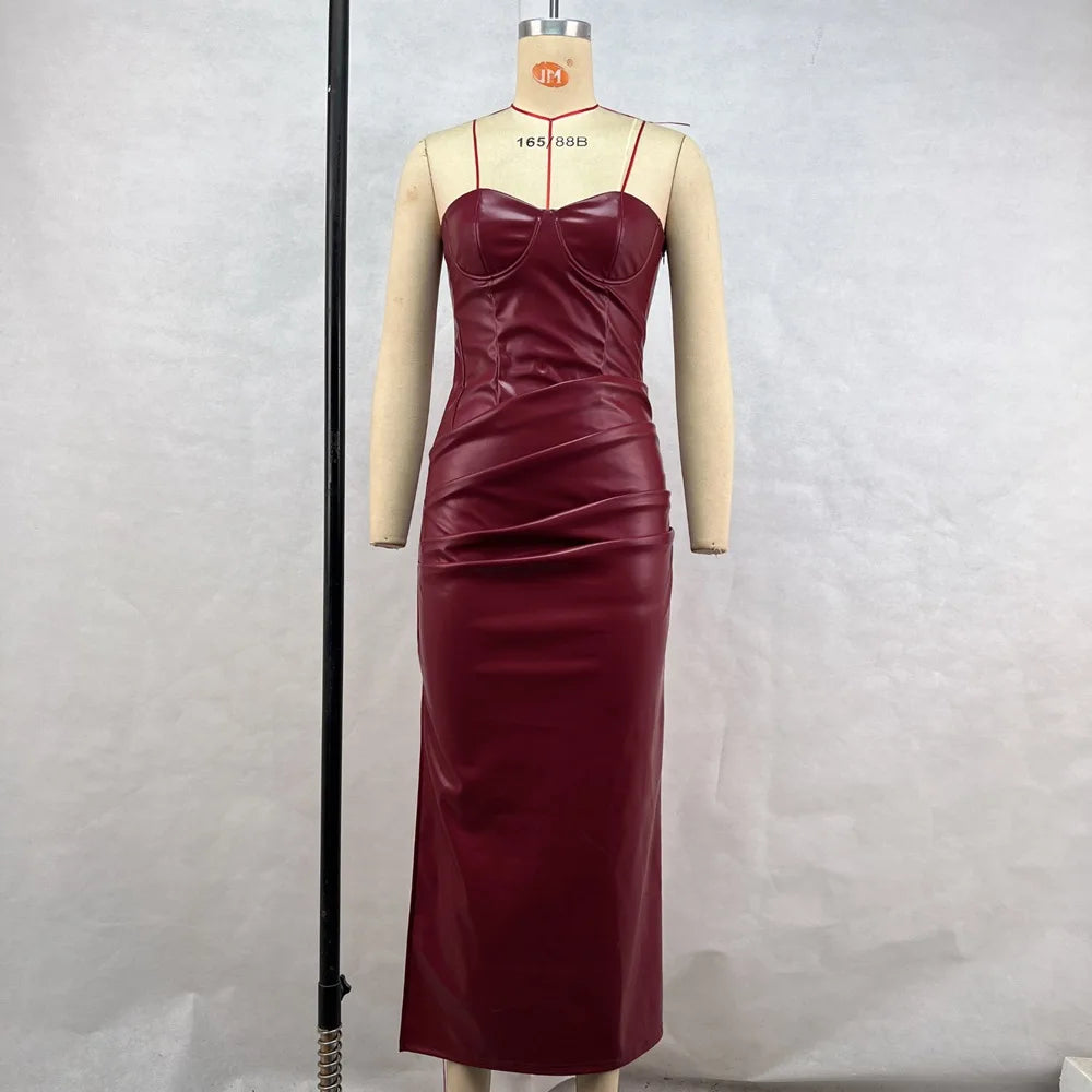 Luxury Leather Strapless Bandage Dress For Women Red Evening Cocktail 2025
