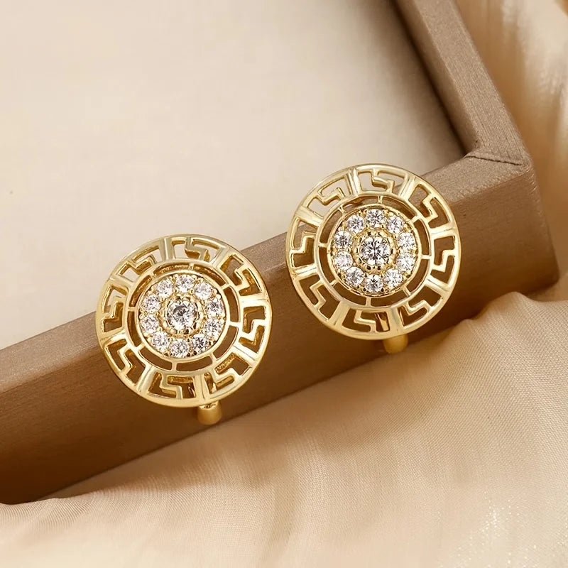 Huitan Trendy Hollow Round Shape Hoop Earrings for Women Paved Shiny Cubic Zirconia Gold Color Modern Fashionable Female Jewelry