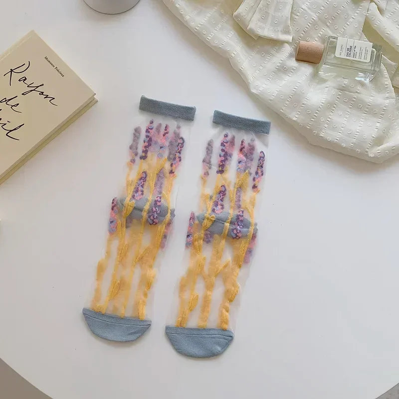 Butterfly Woman Socks Fashion Summer Ultra-thin Transparent Crystal Silk Socks Vintage Harajuku Sexy Lace Mesh Crew Socks
