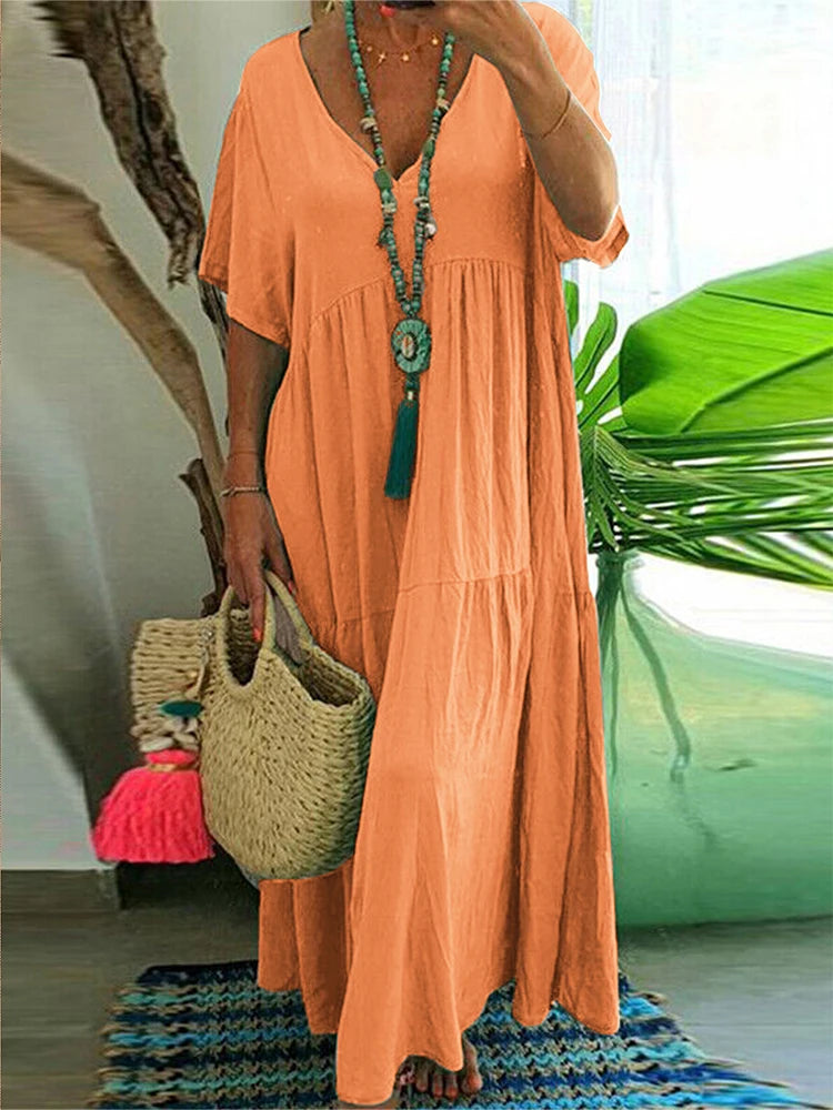 Plus Size Women's V Neck Pleated Solid Ankle Length Dress For Spring Summer