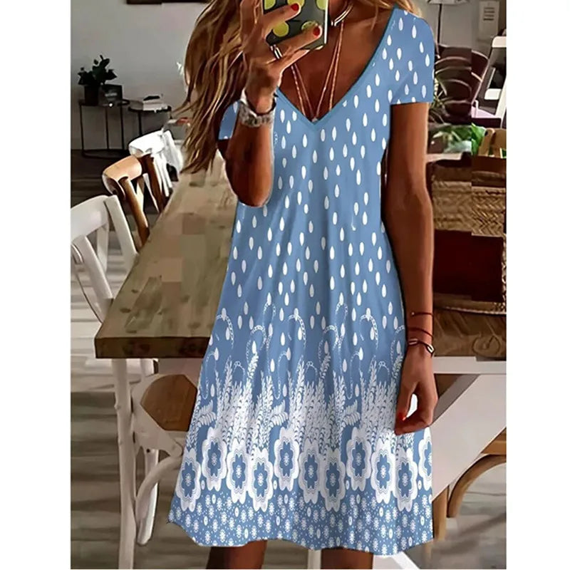 Women  Summer Short Sleeve V-Neck Casual Dress 3D Vintage Floral Printed Elegant Knee Length Dress S-3XL Lady Vestidos