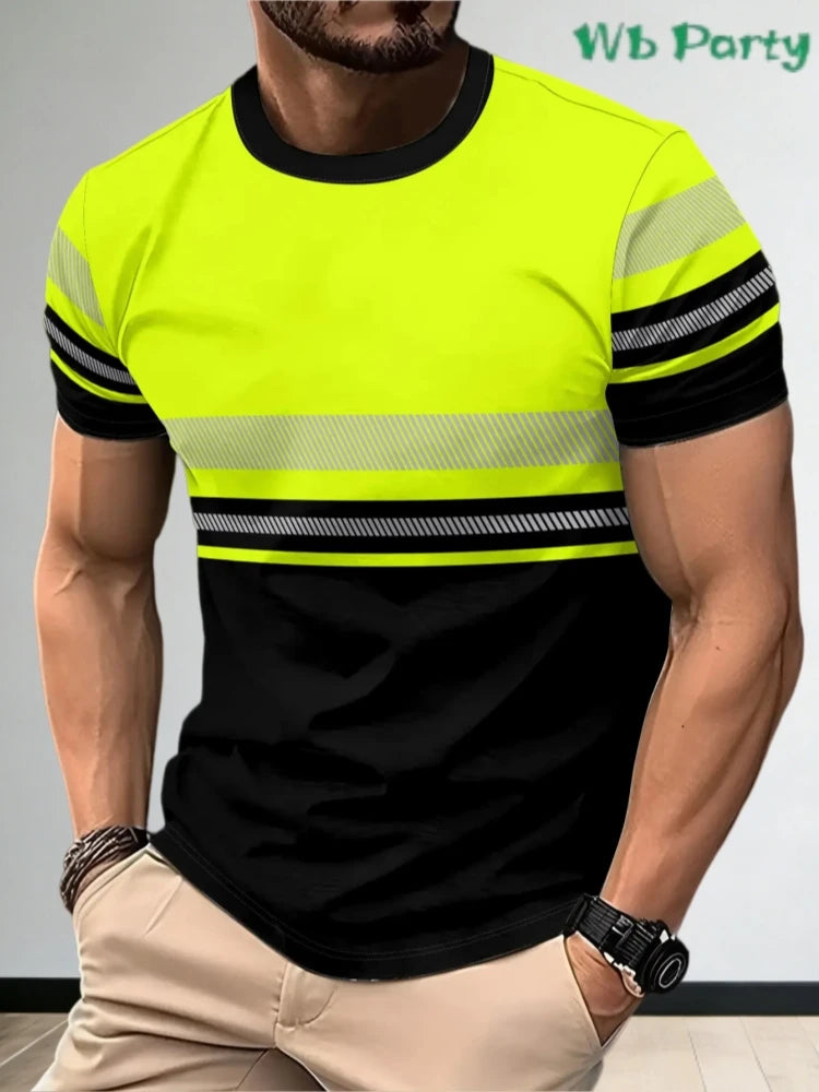Green 3D Print Men's T-Shirts New Secure Logo Color Blocking Design Round Neck Short-Sleeved Oversized Men Work Tee Tops Clothes
