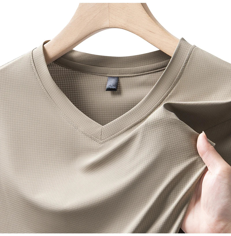 Plus Size 7XL 8XL short-sleeved T-shirt Men new summer ice silk V-neck casual pure color T-shirt outdoor sport Jogging Tops Tees