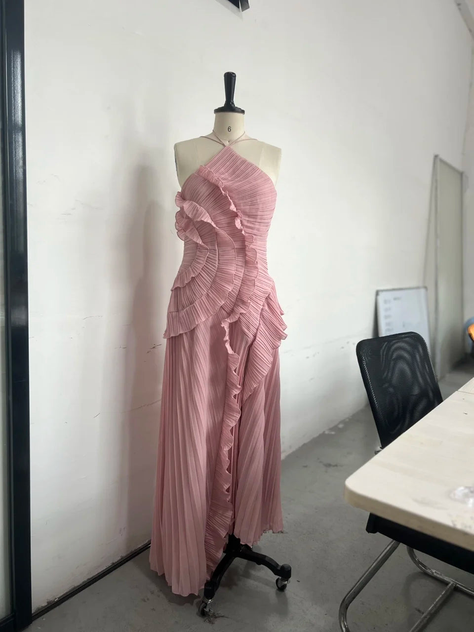 Gown Neck Strap Irregular Long Dress For Women Ruffle High Waist Backless Dress