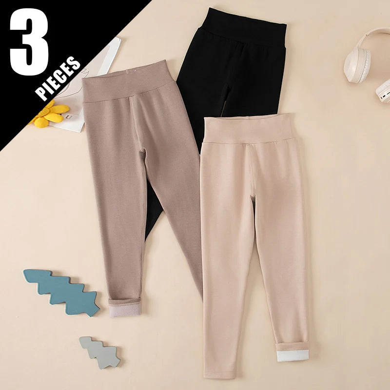 3/1 Piece Set For Autumn And Winter Children Solid Color Medium High Waist Thick Leggings Boys And Girls Fleece Warm Casual Pant