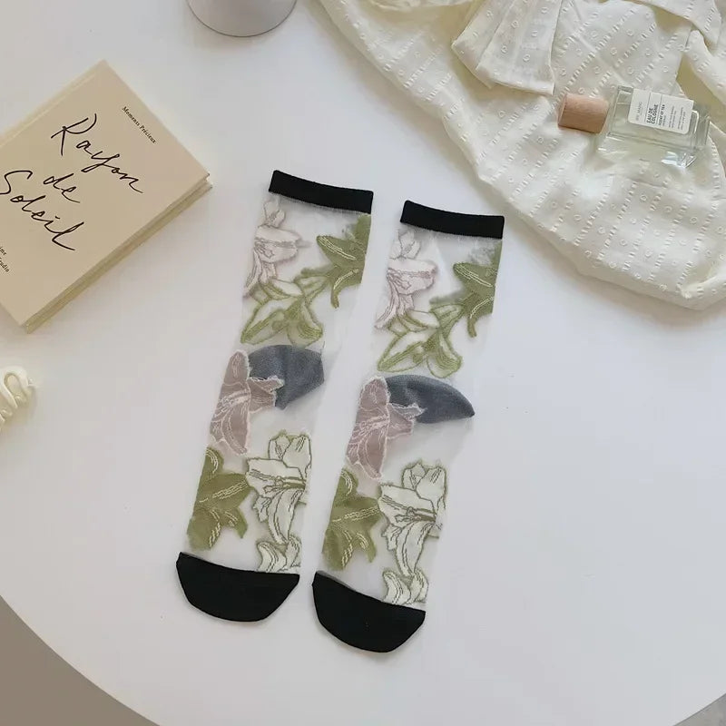 Butterfly Woman Socks Fashion Summer Ultra-thin Transparent Crystal Silk Socks Vintage Harajuku Sexy Lace Mesh Crew Socks