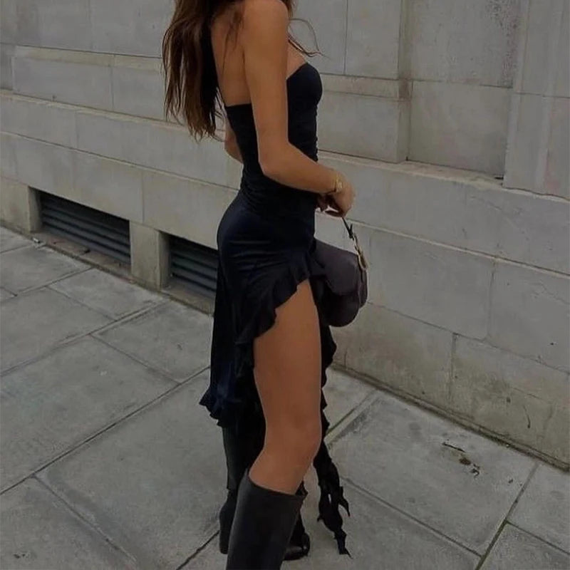 Women Strapless Floral Mini Dress With High Slit Backless Sleeveless Black Pink