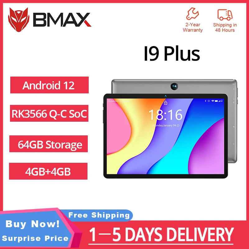 BMAX Kids Tablet I9 Plus Android 13 GPU G522EE 8GB RAM 64GB ROM 10.1 Inch Allwinner RK3562 Quad Core Port Tablets PC WIFI 6