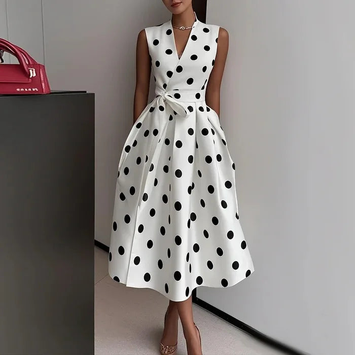 Women's  Polka Dot Sleeveless Dress V-Neck Wrap Bodice Waist Belt Tie Pleated Dress Side Pockets Elegant Party & Office Outfit