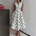 Women's  Polka Dot Sleeveless Dress V-Neck Wrap Bodice Waist Belt Tie Pleated Dress Side Pockets Elegant Party & Office Outfit