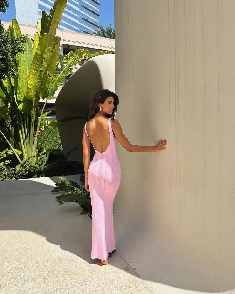 Trendix Knit Backless Maxi Dress For Women V Neck Sleeveless Beach Vacation