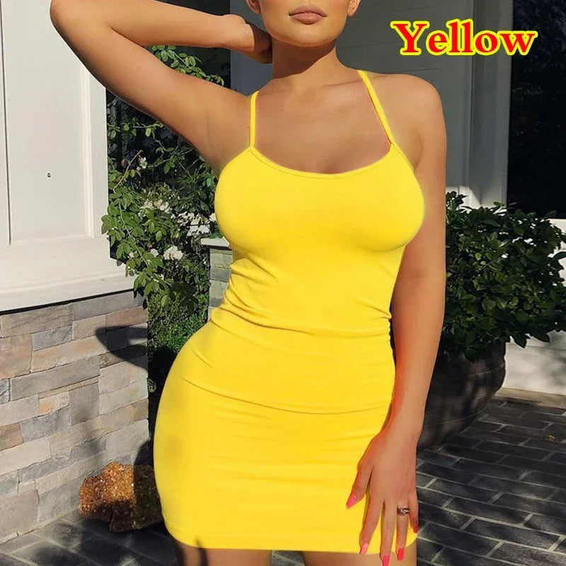 Summer Spaghetti Strap Mini Bodycon Dress Women Club Party Sundress Solid Black