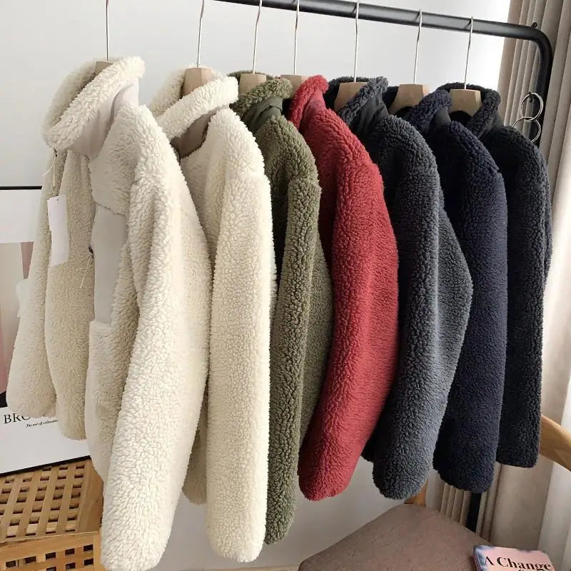 Autumn Winter Men Lamb Wool Jackets Women Fleece Stand Neck Jacket Couple Zipper Loose Warm Coat Male Solid Color Parkas Jacket