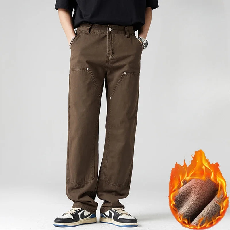 Men Pant Casual Straight Wide Leg Cargo Trouser Male Winter Fleece Lined Warm Cotton Loose Style Carpenter Streetwear