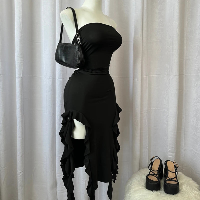 Women Strapless Floral Mini Dress With High Slit Backless Sleeveless Black Pink