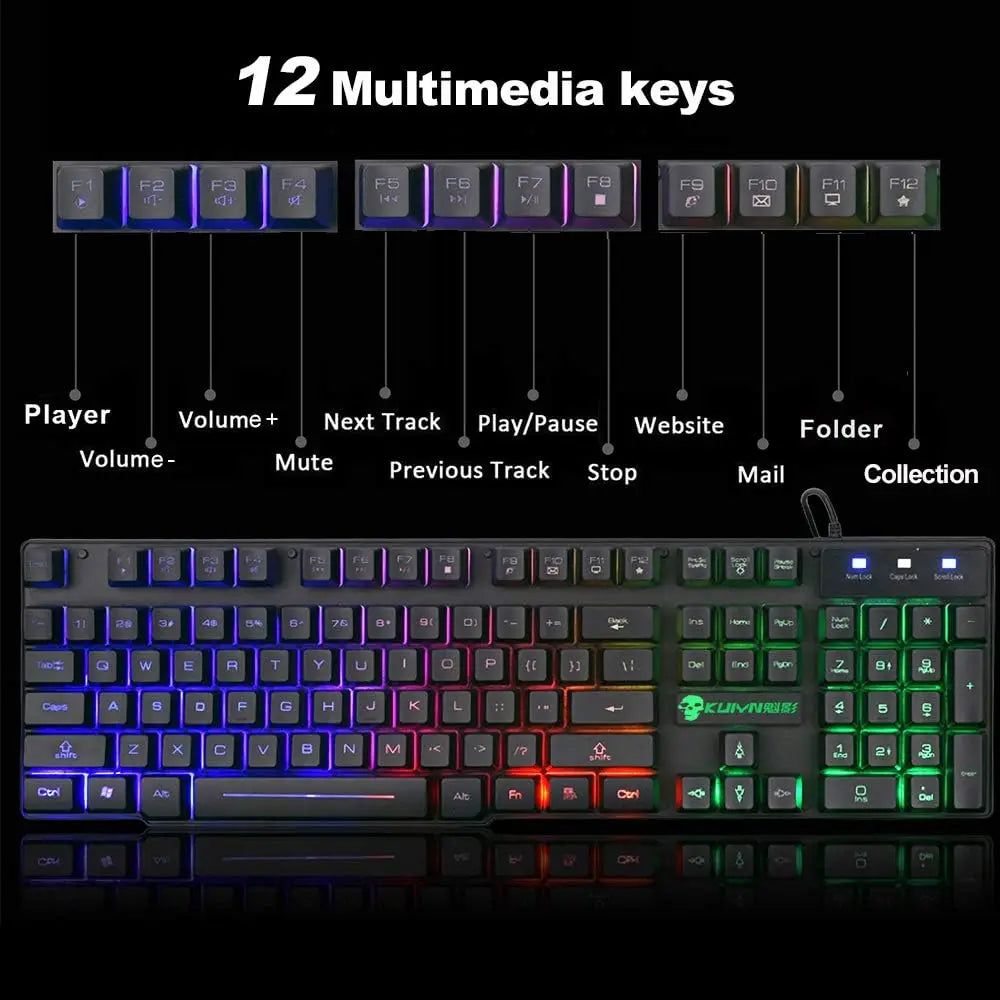 T6 Rainbow Wired Gaming Keyboard + 2400DPI 6 Buttons Rainbow LED Mouse with Mouse Pad