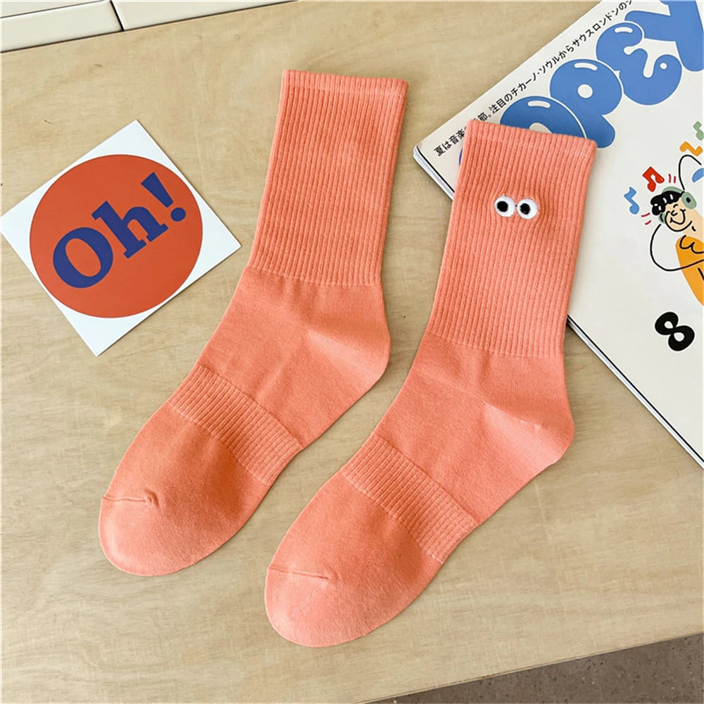 New Women's Embroidered Big Eyes Mid-Tube Socks Ins Trendy Colorful Cartoon Cute Soft Cotton Sports Sokken Dropship