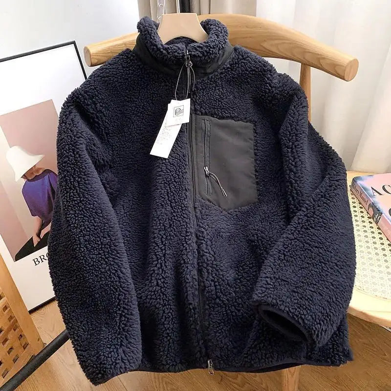 Autumn Winter Men Lamb Wool Jackets Women Fleece Stand Neck Jacket Couple Zipper Loose Warm Coat Male Solid Color Parkas Jacket