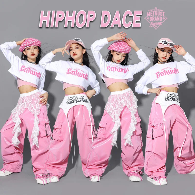 Jazz Dance Clothes For Girls Kpop Outfit Hip Hop Performance Wear Pink Shuffle Pants Kid Street Dance Show Fashion Suit