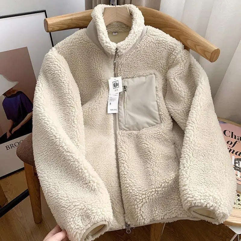 Autumn Winter Men Lamb Wool Jackets Women Fleece Stand Neck Jacket Couple Zipper Loose Warm Coat Male Solid Color Parkas Jacket