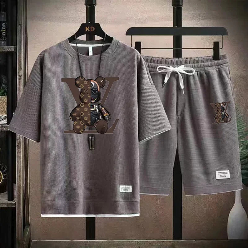 Summer new men's short-sleeved set, a fashionable outdoor casual men's short-sleeved T-shirt and sports shorts 2-piece set