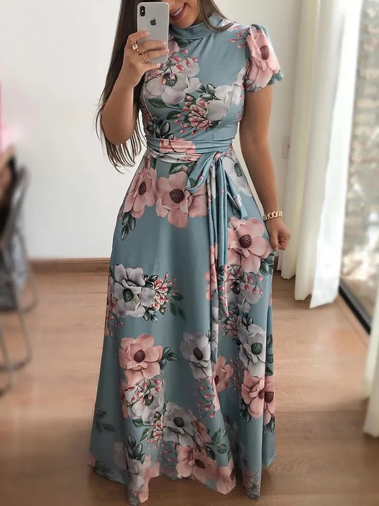 Womens Slim Casual Long Sleeve Round Neck Flower Print Strap Maxi Dress