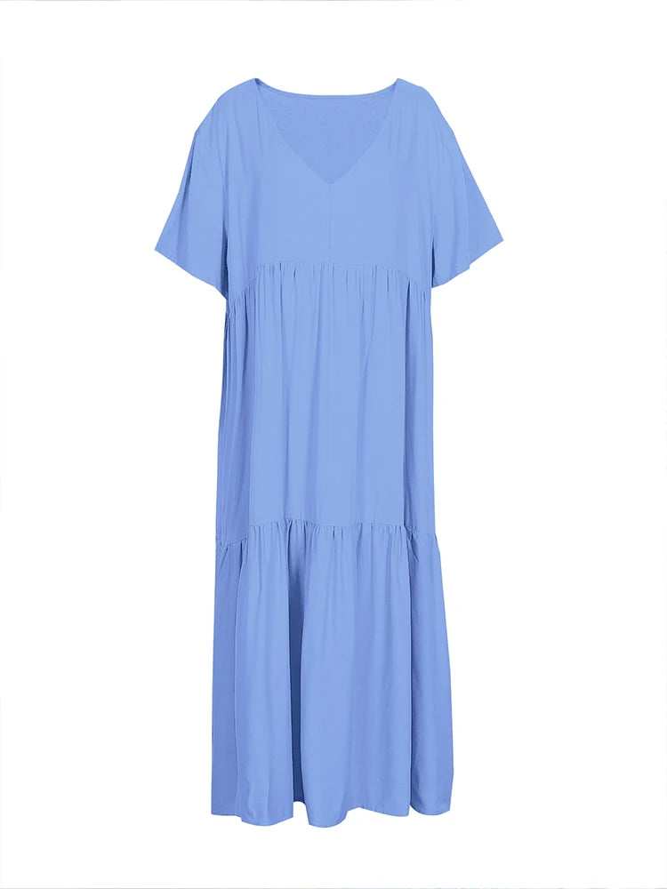 Plus Size Women's V Neck Pleated Solid Ankle Length Dress For Spring Summer