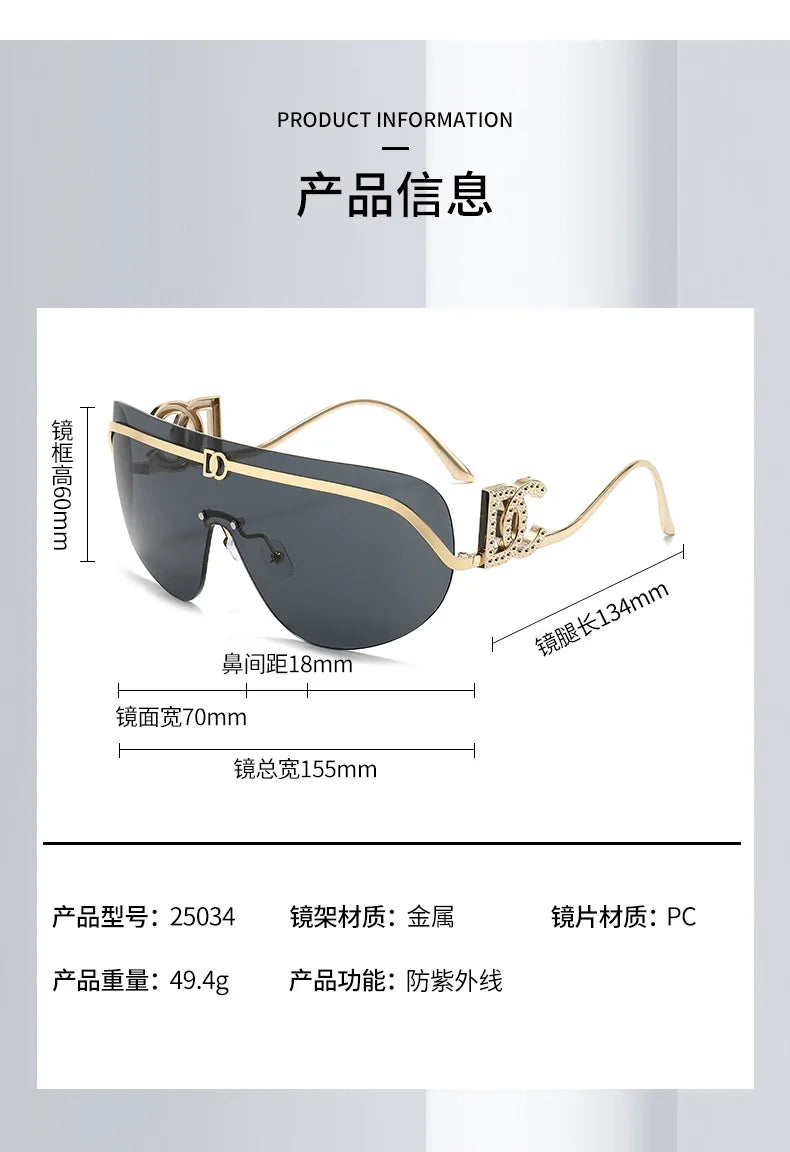 2026 Luxury Women Rimless Shield Aviator Sunglasses Gold Metal Frame Letter Accent Shades UV400 Eyewear for Women Lentes De Sol