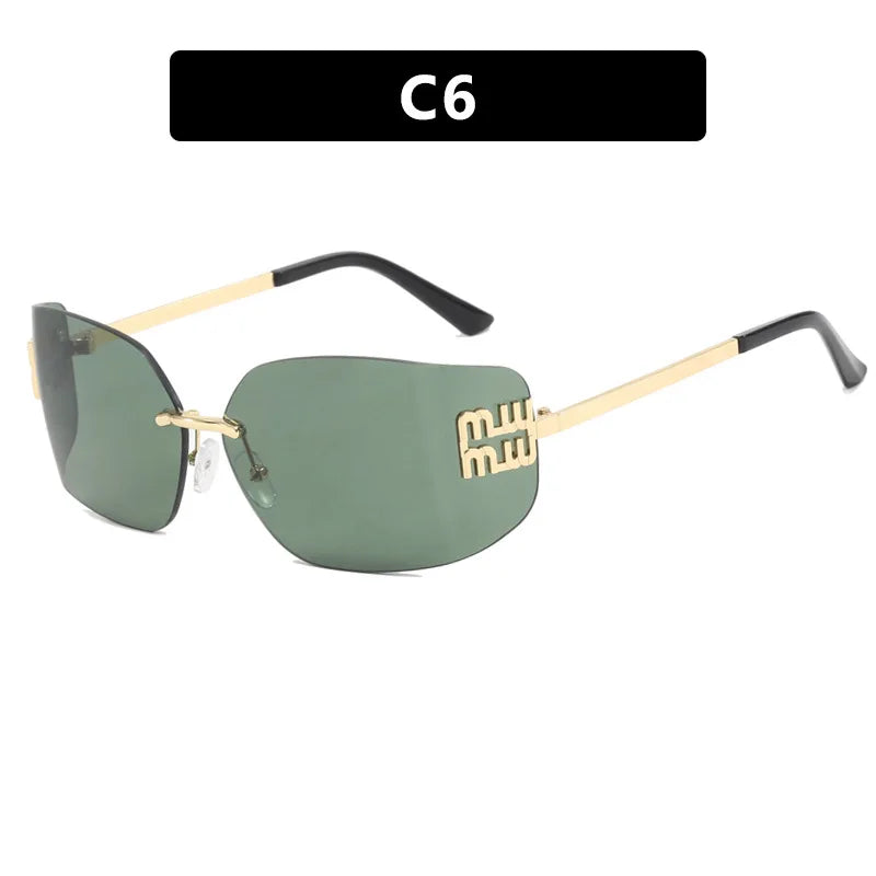NEW Classic Sun Glasses Female Funky Metal Luxury Rimless Sunglasses Women BrandDesigner Rivets Rectangle Gradient Curved Shades