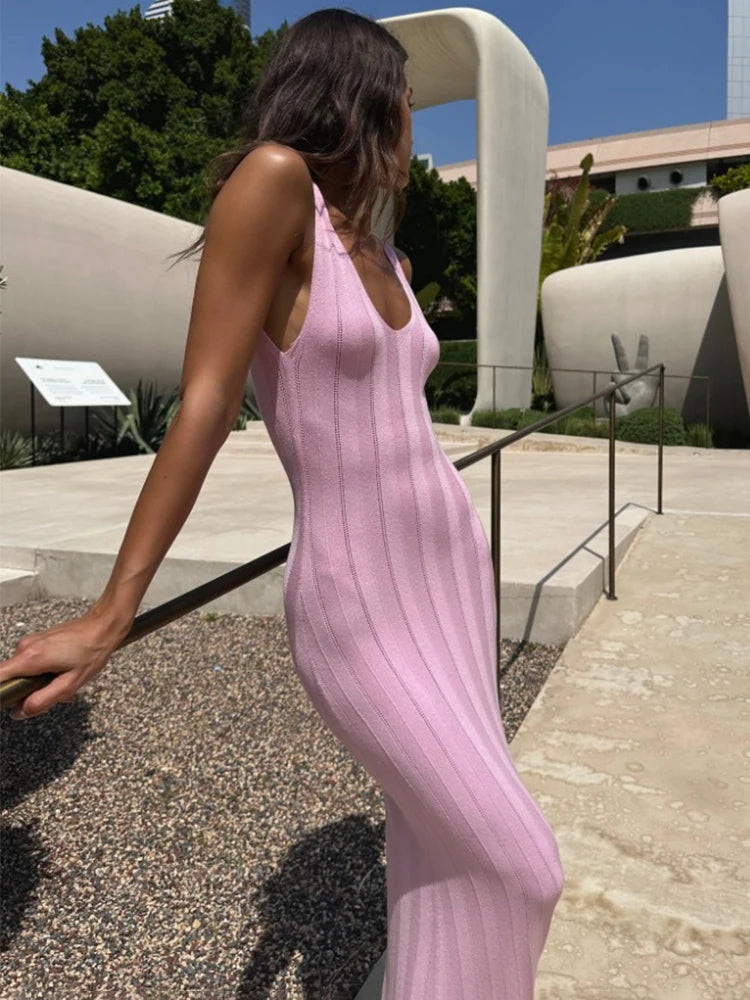 Trendix Knit Backless Maxi Dress For Women V Neck Sleeveless Beach Vacation