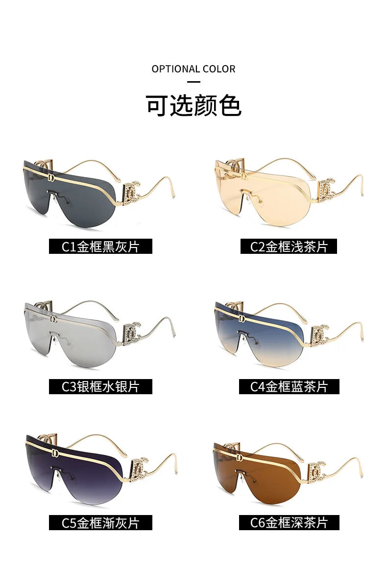 2026 Luxury Women Rimless Shield Aviator Sunglasses Gold Metal Frame Letter Accent Shades UV400 Eyewear for Women Lentes De Sol